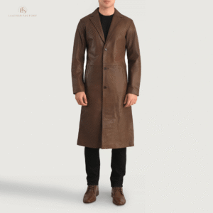 Designer Leather Car Coat – Premium Men’s Brown Cowhide Coat Man wearing a premium rich brown genuine cowhide leather car coat with a sharp notch lapel and button front closure