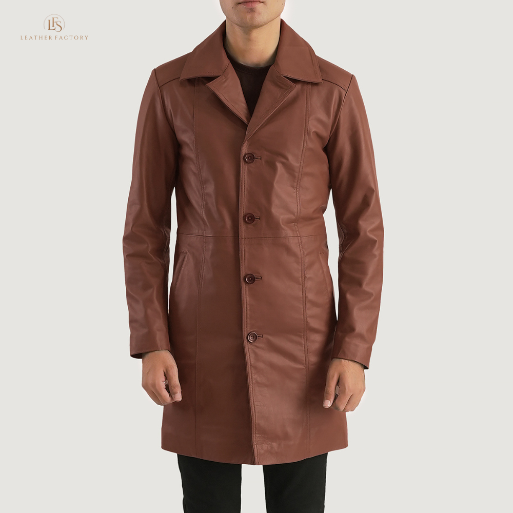 Men's long brown leather trench coat made from genuine cowhide with notch collar