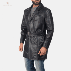 Men’s Black Long Leather Coat | The Ultimate Belted Cowhide Leather Coat Men's black long leather coat made from genuine cowhide leather with a belted waist, notch lapel, button-front closure, and six functional pockets.