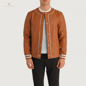 The Campus Legend brown leather varsity jacket made from genuine sheepskin leather with snap button closure, collarless neckline and rib knit cuffs
