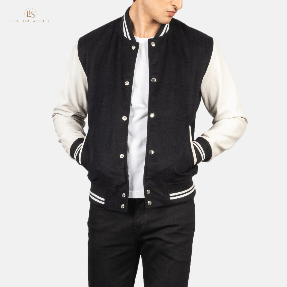 White and black hybrid varsity jacket with genuine sheepskin leather sleeves and soft wool torso