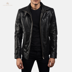 The Maverick Biker men's classic black cowhide leather biker jacket with belted high neck and button cuffs