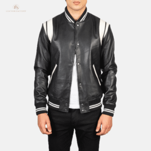 The Stadium Elite black and white leather varsity jacket with striped rib knit collar and cuffs