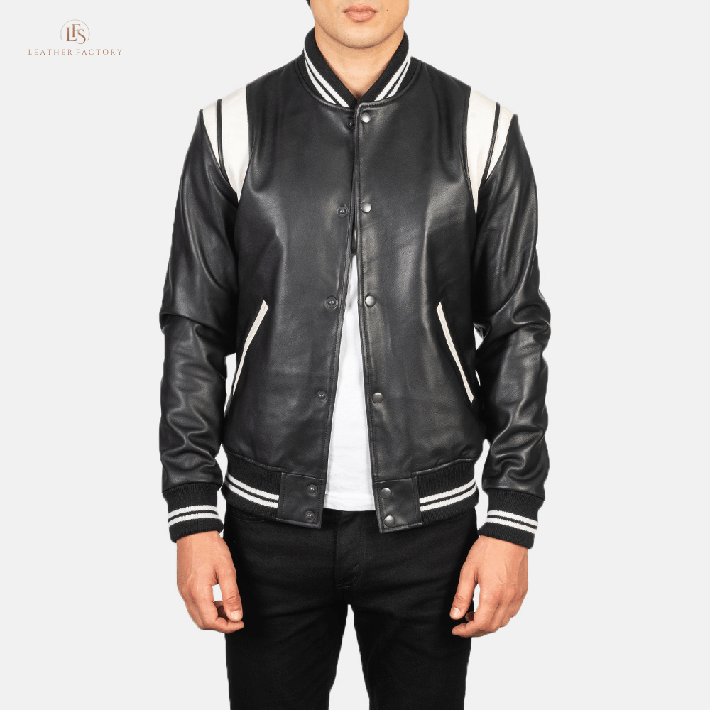 The Stadium Elite black and white leather varsity jacket with striped rib knit collar and cuffs
