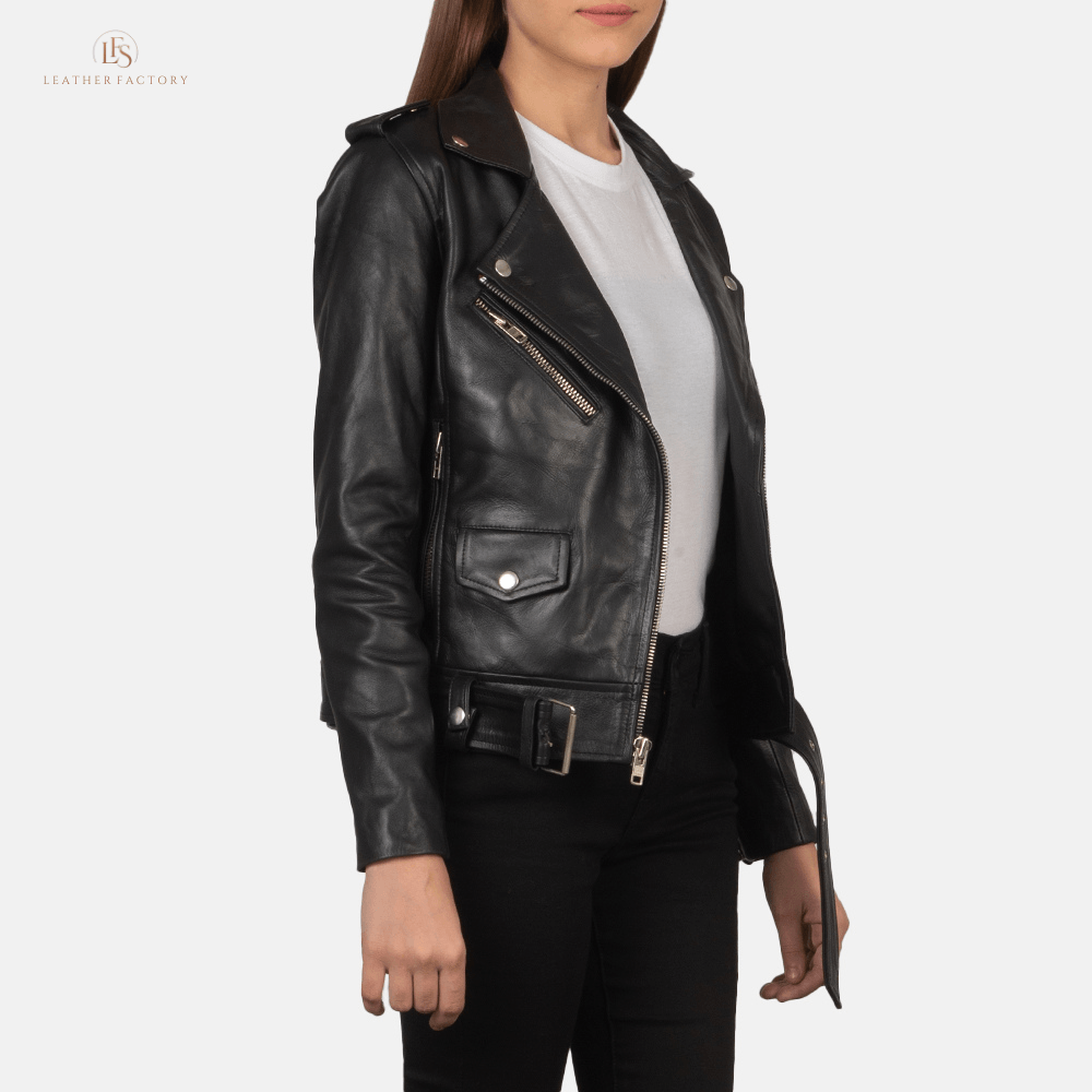Alon black cowhide leather biker jacket with notch collar, zipper cuffs, removable belt, and multiple pockets