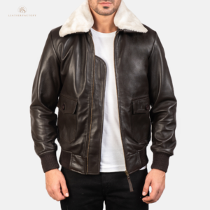 Men's premium brown sheepskin leather bomber jacket with rib knit collar and cuffs