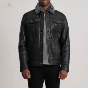 Men's black and grey sheepskin leather shearling trucker jacket with faux fur lining, button closure, and button cuffs