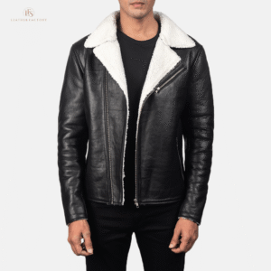 Man wearing a premium black and white contrast sheepskin leather jacket with faux fur lining and notch collar