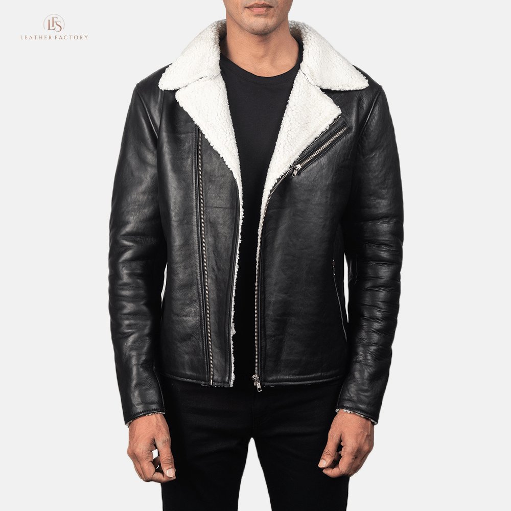 Man wearing a premium black and white contrast sheepskin leather jacket with faux fur lining and notch collar