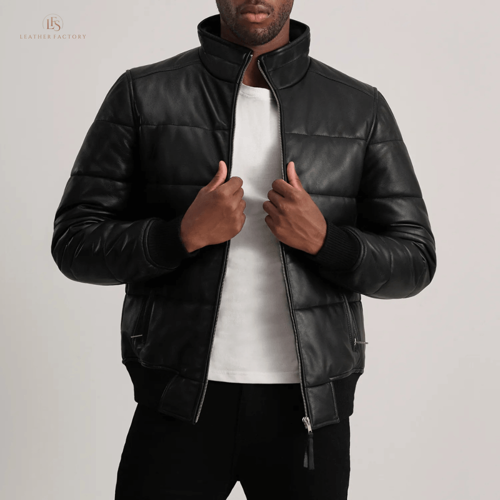 Man wearing a premium black sheepskin leather puffer bomber jacket with high neck and rib knit cuffs