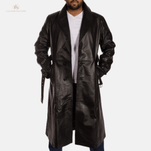 Man wearing a premium black genuine cowhide leather overcoat with a belted waist and notch collar