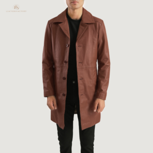 Men's long brown leather trench coat made from genuine cowhide with notch collar