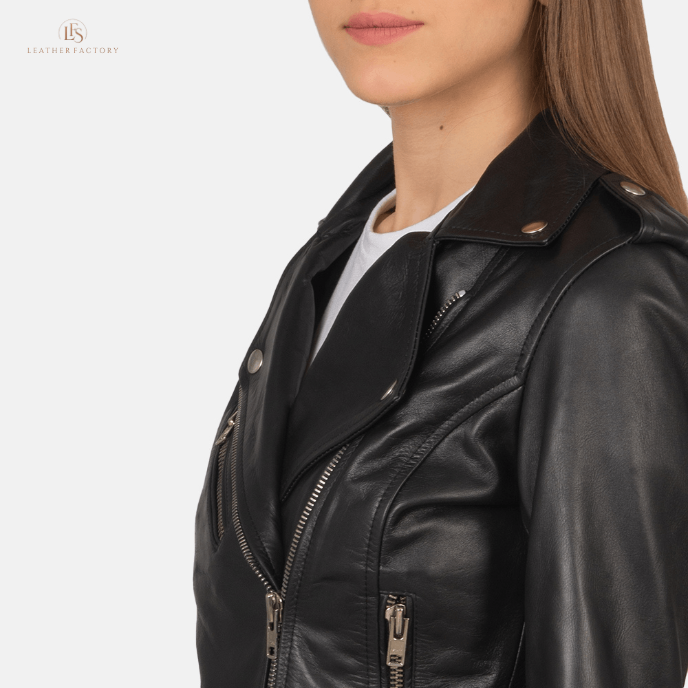 Alon black cowhide leather biker jacket with notch collar, zipper cuffs, removable belt, and multiple pockets