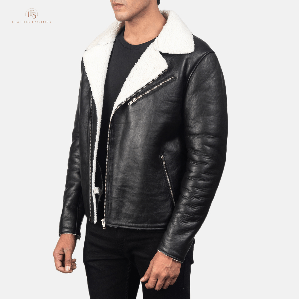 Man wearing a premium black and white contrast sheepskin leather jacket with faux fur lining and notch collar