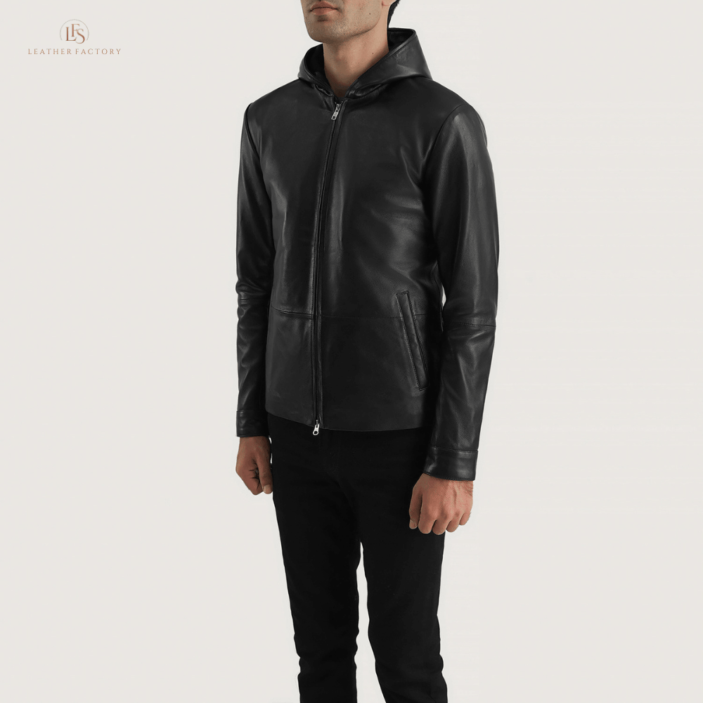 Man wearing a premium black sheepskin leather jacket with a comfortable hood and zipper snap button cuffs