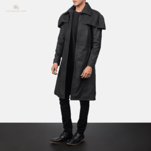 Leather Duster Long Coat – Men’s Distressed Black Sheepskin Coat Man wearing a distressed black genuine sheepskin leather duster coat with an open-front silhouette