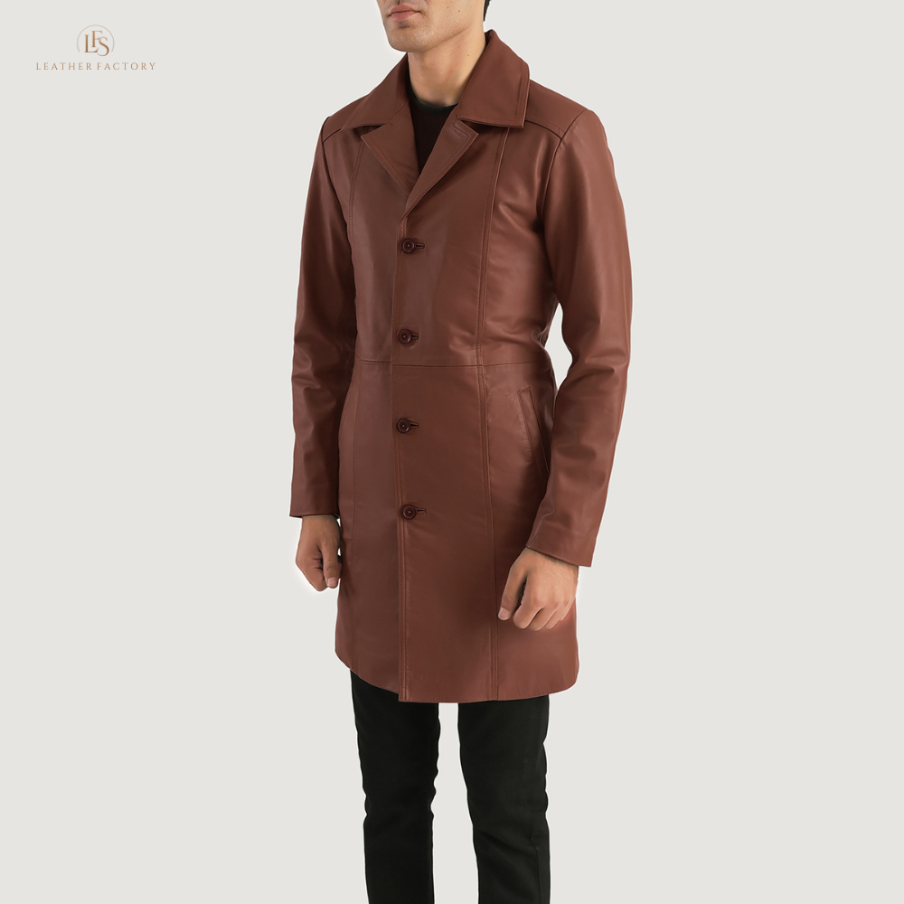 Men's long brown leather trench coat made from genuine cowhide with notch collar