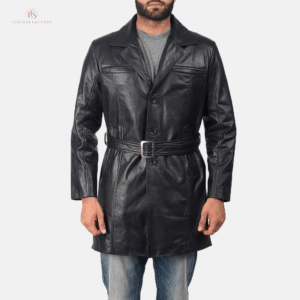 Men's black long leather coat made from genuine cowhide leather with a belted waist, notch lapel, button-front closure, and six functional pockets.
