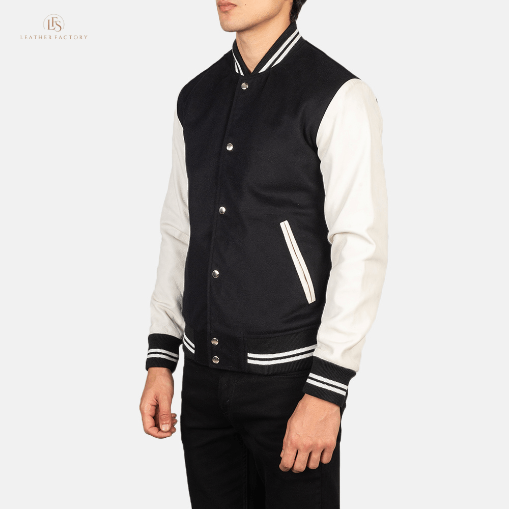 White and black hybrid varsity jacket with genuine sheepskin leather sleeves and soft wool torso