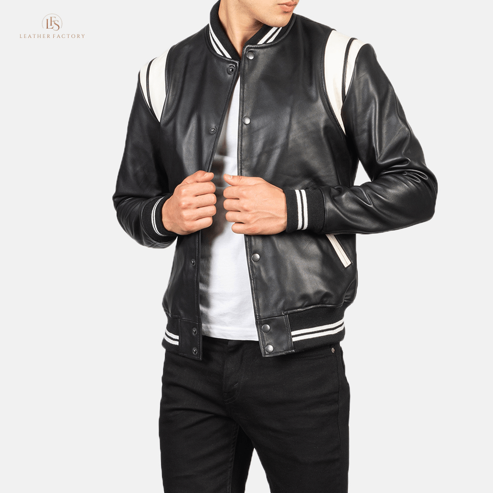 The Stadium Elite black and white leather varsity jacket with striped rib knit collar and cuffs