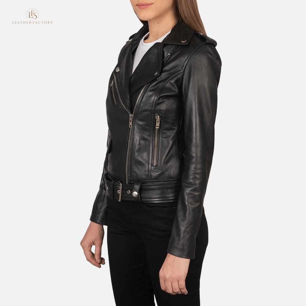 Alon black cowhide leather biker jacket with notch collar, zipper cuffs, removable belt, and multiple pockets