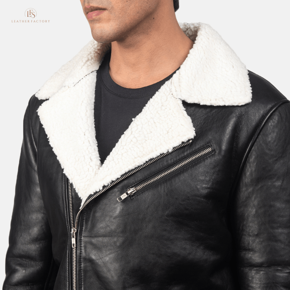 Man wearing a premium black and white contrast sheepskin leather jacket with faux fur lining and notch collar
