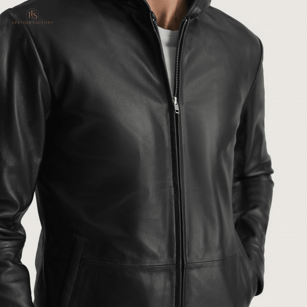 Man wearing a premium black sheepskin leather jacket with a comfortable hood and zipper snap button cuffs