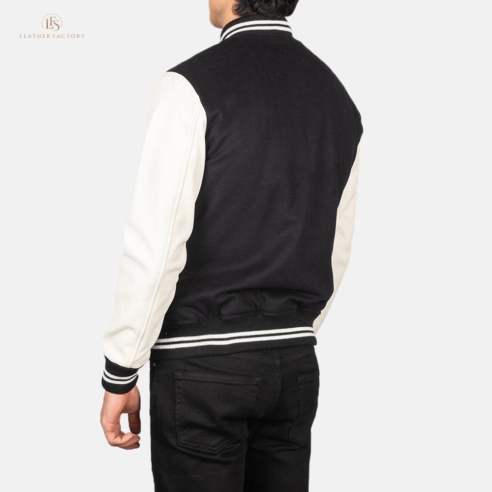 White and black hybrid varsity jacket with genuine sheepskin leather sleeves and soft wool torso