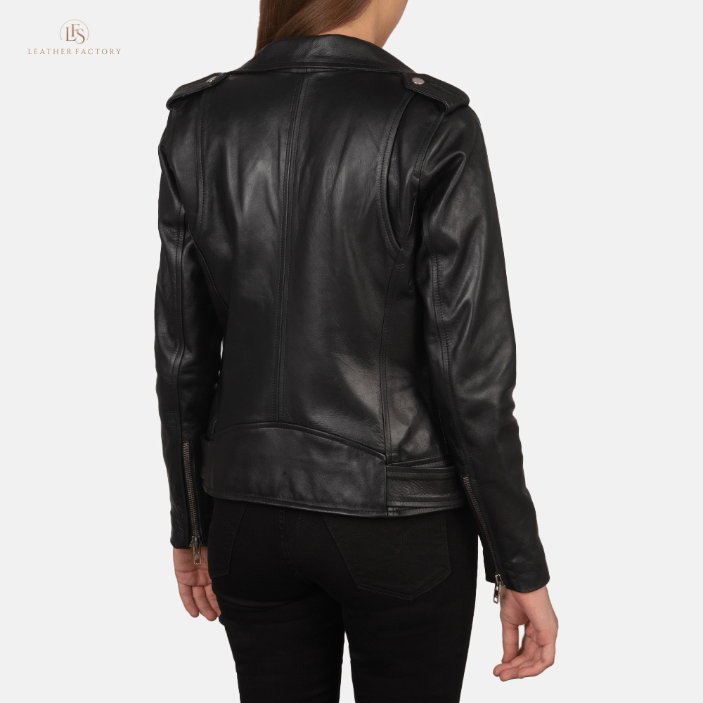 Alon black cowhide leather biker jacket with notch collar, zipper cuffs, removable belt, and multiple pockets