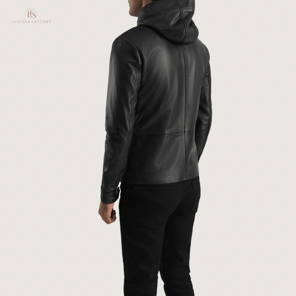 Man wearing a premium black sheepskin leather jacket with a comfortable hood and zipper snap button cuffs