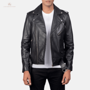 Man wearing the premium Bastion Biker Men’s Rugged Leather Biker Jacket.