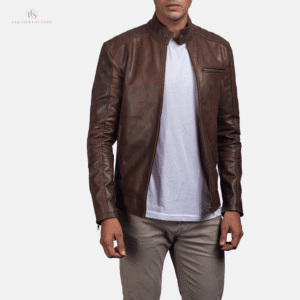 Men's brown quilted goatskin leather biker jacket with notch collar, zipper closure, zippered cuffs, and textured quilted detailing.