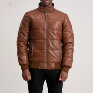 Man wearing a premium brown sheepskin leather puffer jacket with high neck and rib knit cuffs