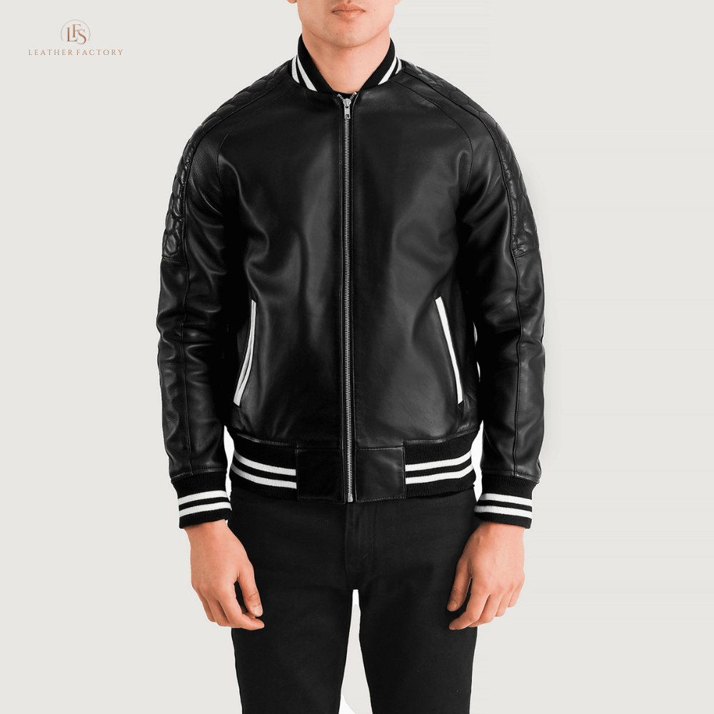 The Apex Varsity black leather varsity jacket made from real sheepskin leather with zipper closure, varsity collar, rib knit cuffs and hem