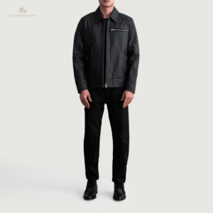 The Midnight Biker men's premium classic black sheepskin leather jacket with shirt style collar and zipper front