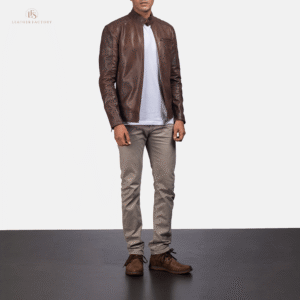 Men's brown quilted goatskin leather biker jacket with notch collar, zipper closure, zippered cuffs, and textured quilted detailing.