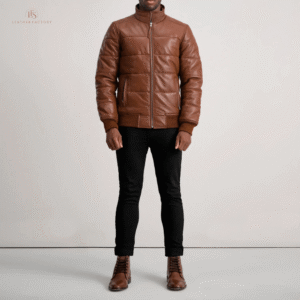 Man wearing a premium brown sheepskin leather puffer jacket with high neck and rib knit cuffs