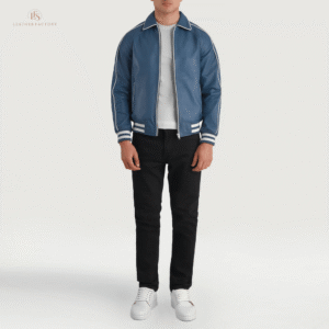 The Legacy Varsity Blue and White Premium Leather Varsity Jacket | Leather Factory Store Blue and white men's leather varsity jacket with genuine sheepskin leather, raglan sleeves, and rib knit cuffs