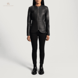 Aurelia Biker Jacket Women’s Black Cowhide Leather Biker Jacket | Leaather Factory Store Woman wearing a premium black cowhide leather biker jacket with notch collar, zippered cuffs, removable belt, shoulder epaulettes, and multiple pockets