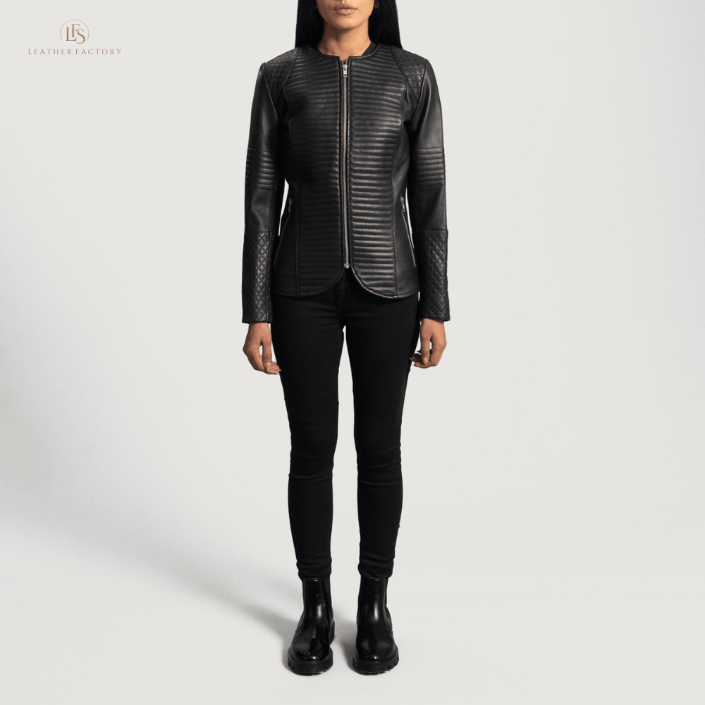 Woman wearing a premium black cowhide leather biker jacket with notch collar, zippered cuffs, removable belt, shoulder epaulettes, and multiple pockets