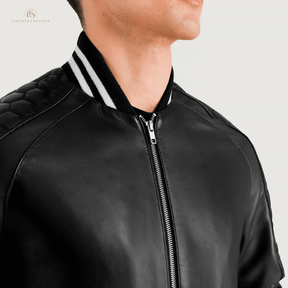 The Apex Varsity black leather varsity jacket made from real sheepskin leather with zipper closure, varsity collar, rib knit cuffs and hem