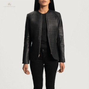Woman wearing a premium black cowhide leather biker jacket with notch collar, zippered cuffs, removable belt, shoulder epaulettes, and multiple pockets