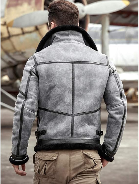 Grey Bomber Leather Jacket - Image 3