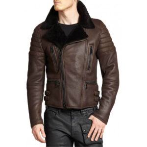 Men's Asymmetrical Zipper Biker Shearling Brown