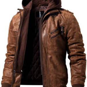 Vintage Mens Brown Leather Motorcycle Jacket with Removable Hood