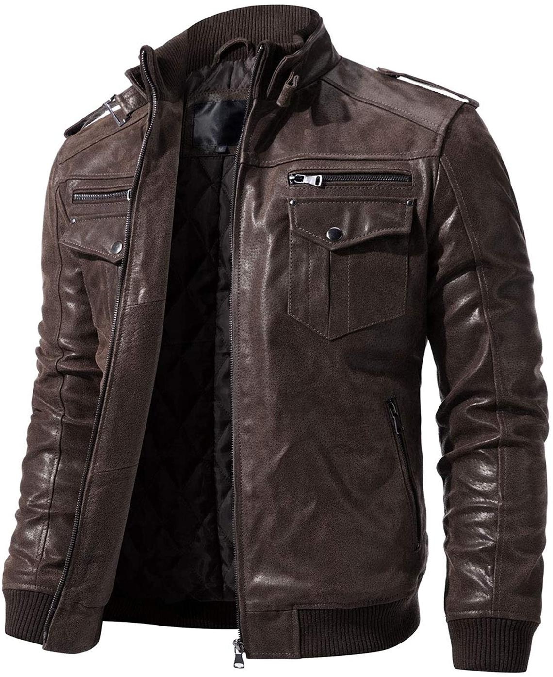 Vintage Mens Moto Biker Real Cow Brown Leather Jacket