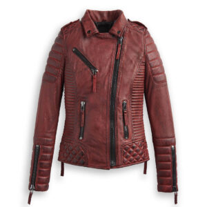 Women Bomber Style Leather Jacket Burnt Red