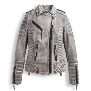 Women Bomber Style Smoke Grey Leather Jacket