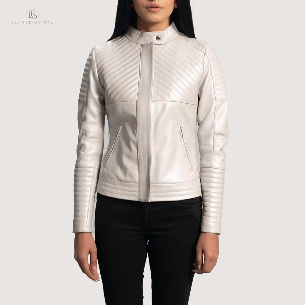 Woman wearing The Silver Quilted off-white sheepskin leather moto jacket featuring a band collar with snap button and zippered cuffs.