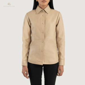 Woman wearing The Meridian beige sheepskin leather shirt jacket featuring a shirt-style collar and front leather button closure.